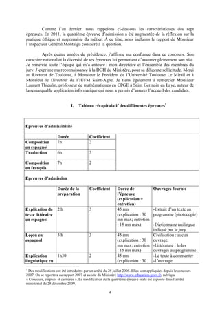 4
Comme l’an dernier, nous rappelons ci-dessous les caractéristiques des sept
épreuves. En 2011, la quatrième épreuve d’admission a été augmentée de la réflexion sur la
pratique éthique et responsable du métier. Á ce titre, nous incluons le rapport de Monsieur
l’Inspecteur Général Montaigu consacré à la question.
Après quatre années de présidence, j’affirme ma confiance dans ce concours. Son
caractère national et la diversité de ses épreuves lui permettent d’assumer pleinement son rôle.
Je remercie toute l’équipe qui m’a entouré : mon directoire et l’ensemble des membres du
jury. J’exprime ma reconnaissance à la DGH du Ministère, pour sa diligente sollicitude. Merci
au Rectorat de Toulouse, à Monsieur le Président de l’Université Toulouse Le Mirail et à
Monsieur le Directeur de l’IUFM Saint-Agne. Je tiens également à remercier Monsieur
Laurent Thieulin, professeur de mathématiques en CPGE à Saint Germain en Laye, auteur de
la remarquable application informatique qui nous a permis d’assurer l’accueil des candidats.
I. Tableau récapitulatif des différentes épreuves1
Epreuves d’admissibilité
Durée Coefficient
Composition
en espagnol
7h 2
Traduction 6h 3
Composition
en français
7h 2
Epreuves d’admission
Durée de la
préparation
Coefficient Durée de
l’épreuve
(explication +
entretien)
Ouvrages fournis
Explication de
texte littéraire
en espagnol
2 h 3 45 mn
(explication : 30
mn max; entretien
: 15 mn max)
-Extrait d’un texte au
programme (photocopie)
-Dictionnaire unilingue
indiqué par le jury
Leçon en
espagnol
5 h 3 45 mn
(explication : 30
mn max; entretien
: 15 mn max)
Civilisation : aucun
ouvrage.
-Littérature : le/les
ouvrages au programme
Explication
linguistique en
1h30 2 45 mn
(explication : 30
-Le texte à commenter
-L'ouvrage
1
Des modifications ont été introduites par un arrêté du 28 juillet 2005. Elles sont appliquées depuis le concours
2007. On se reportera au rapport 2007 et au site du Ministère http://www.education.gouv.fr, rubrique
« Concours, emplois et carrières ». La modification de la quatrième épreuve orale est exposée dans l’arrêté
ministériel du 28 décembre 2009.
 