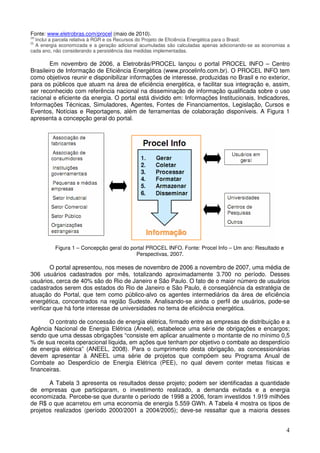 Fonte: www.eletrobras.com/procel (maio de 2010).
(e)
  Inclui a parcela relativa à RGR e os Recursos do Projeto de Eficiência Energética para o Brasil;
(f)
  A energia economizada e a geração adicional acumuladas são calculadas apenas adicionando-se as economias a
cada ano, não considerando a persistência das medidas implementadas.

        Em novembro de 2006, a Eletrobrás/PROCEL lançou o portal PROCEL INFO – Centro
Brasileiro de Informação de Eficiência Energética (www.procelinfo.com.br). O PROCEL INFO tem
como objetivos reunir e disponibilizar informações de interesse, produzidas no Brasil e no exterior,
para os públicos que atuam na área de eficiência energética, e facilitar sua integração e, assim,
ser reconhecido com referência nacional na disseminação de informação qualificada sobre o uso
racional e eficiente da energia. O portal está dividido em: Informações Institucionais, Indicadores,
Informações Técnicas, Simuladores, Agentes, Fontes de Financiamentos, Legislação, Cursos e
Eventos, Notícias e Reportagens, além de ferramentas de colaboração disponíveis. A Figura 1
apresenta a concepção geral do portal.




          Figura 1 – Concepção geral do portal PROCEL INFO. Fonte: Procel Info – Um ano: Resultado e
                                          Perspectivas, 2007.

        O portal apresentou, nos meses de novembro de 2006 a novembro de 2007, uma média de
306 usuários cadastrados por mês, totalizando aproximadamente 3.700 no período. Desses
usuários, cerca de 40% são do Rio de Janeiro e São Paulo. O fato de o maior número de usuários
cadastrados serem dos estados do Rio de Janeiro e São Paulo, é conseqüência da estratégia de
atuação do Portal, que tem como público-alvo os agentes intermediários da área de eficiência
energética, concentrados na região Sudeste. Analisando-se ainda o perfil de usuários, pode-se
verificar que há forte interesse de universidades no tema de eficiência energética.

       O contrato de concessão de energia elétrica, firmado entre as empresas de distribuição e a
Agência Nacional de Energia Elétrica (Aneel), estabelece uma série de obrigações e encargos;
sendo que uma dessas obrigações “consiste em aplicar anualmente o montante de no mínimo 0,5
% de sua receita operacional líquida, em ações que tenham por objetivo o combate ao desperdício
de energia elétrica” (ANEEL, 2008). Para o cumprimento desta obrigação, as concessionárias
devem apresentar à ANEEL uma série de projetos que compõem seu Programa Anual de
Combate ao Desperdício de Energia Elétrica (PEE), no qual devem conter metas físicas e
financeiras.

       A Tabela 3 apresenta os resultados desse projeto; podem ser identificadas a quantidade
de empresas que participaram, o investimento realizado, a demanda evitada e a energia
economizada. Percebe-se que durante o período de 1998 a 2006, foram investidos 1.919 milhões
de R$ o que acarretou em uma economia de energia 5.559 GWh. A Tabela 4 mostra os tipos de
projetos realizados (período 2000/2001 a 2004/2005); deve-se ressaltar que a maioria desses


                                                                                                          4
 