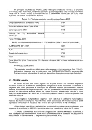 4
Os principais resultados do PROCEL 2010 estão apresentados na Tabela 2. O programa
economizou até o momento 6,164 bilhões de kWh o que corresponde a uma usina equivalente de
1.478 MW. A Tabela 3 mostra os investimentos da ELETROBRAS no PROCEL em 2010; foram
investidos um total de 76,23 milhões de reais.
Tabela 2 – Principais resultados energético das ações em 2010
Energia Economizada (bilhões de kWh) 6,164
Redução da Demanda na Ponta (MW) 2.425
Usina Equivalente (MW) 1.478
Emissão de CO2 equivalente evitada
(mil tCO2e)
316
Fonte: PROCEL, 2011.
Tabela 3 – Principais investimentos da ELETROBRAS no PROCEL em 2010 (milhões R$)
ELETROBRAS (EP + FDT) 13,91
RGR 45,32
Custeio de Infraestrutura 17,00
Total 76,23
Fonte: PROCEL, 2011. Observações: EP – Estudos e Projetos, FDT – Fundo de Desenvolvimento
Tecnológico.
O PROCEL (2011) afirma:
“Os resultados energéticos globais alcançados se devem principalmente ao Selo PROCEL,
indicando o destaque que tem sido dado pela ELETROBRAS/PROCEL ao consumidor
final, por meio da orientação e do estímulo à aquisição de equipamentos mais eficientes”.
3.1 – PROCEL Indústria
O Procel Indústria tem como objetivo dar suporte técnico aos diversos segmentos
industriais quanto ao aumento do desempenho energético de suas instalações. Atualmente, o
programa tem como prioridade a otimização de sistemas motrizes (acionamentos, motores
elétricos, acoplamentos e cargas acionadas), “uma vez que esse uso final é responsável por cerca
de 60% do consumo de energia elétrica na classe industrial, apresentando também o maior
potencial de perdas elétricas” (PROCEL, 2011). O subprograma PROCEL Indústria apresentou os
seguintes avanços:
- Capacitação de multiplicadores e agentes - com o objetivo de viabilizar a implantação de
medidas de eficiência energética nas indústrias: foram capacitados 206 multiplicadores e 2.895
agentes de um total de 676 indústrias até o final de 2010 (investimento de R$ 8 milhões);
- Diagnósticos energéticos nas indústrias: os diagnósticos realizados proporcionaram uma
economia de energia de 34,44 GWh e tempo de retorno de investimento médio de 16 meses;
- Lamotriz (Laboratórios de Eficiência Energética em Sistemas Motrizes): atualmente, a
rede é composta por 14 laboratórios. Além disso, foram financiadas 96 bolsas de estudo (2 bolsas
de doutorado, 21 de mestrado e 73 de graduação) até o final de 2010;
 