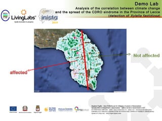 Demo LabDemo Lab
Analysis of the correlation between climate changeAnalysis of the correlation between climate change
and the spread of the CDRO sindrome in the Province of Lecceand the spread of the CDRO sindrome in the Province of Lecce
(detection of(detection of Xylella fastidiosaXylella fastidiosa))
 