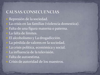  Represión de la sociedad.
 La crisis en las familias (violencia domestica).
 Falta de una figura materna o paterna.
 La falta de límites.
 El alcoholismo y La drogadicción.
 La pérdida de valores en la sociedad.
 La crisis política, económica y social.
 La influencia de la televisión.
 Falta de autoestima.
 Crisis de autoridad de los maestros.
 