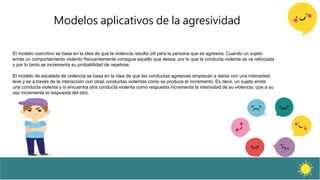 Modelos aplicativos de la agresividad
El modelo coercitivo se basa en la idea de que la violencia resulta útil para la persona que es agresiva. Cuando un sujeto
emite un comportamiento violento frecuentemente consigue aquello que desea, por lo que la conducta violenta se ve reforzada
y por lo tanto se incrementa su probabilidad de repetirse.
El modelo de escalada de violencia se basa en la idea de que las conductas agresivas empiezan a darse con una intensidad
leve y es a través de la interacción con otras conductas violentas como se produce el incremento. Es decir, un sujeto emite
una conducta violenta y si encuentra otra conducta violenta como respuesta incrementa la intensidad de su violencia, que a su
vez incrementa la respuesta del otro.
 