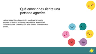 Qué emociones siente una
persona agresiva
La intensidad de esta emoción puede variar desde
sentirse molesto a enfadado, seguido de agresividad,
culminando con una emoción más intensa como la rabia
o la ira.
 