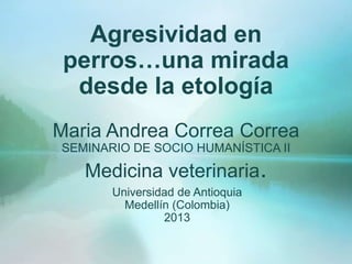 Agresividad en
 perros…una mirada
  desde la etología
Maria Andrea Correa Correa
SEMINARIO DE SOCIO HUMANÍSTICA II

   Medicina veterinaria.
       Universidad de Antioquia
         Medellín (Colombia)
                2013
 