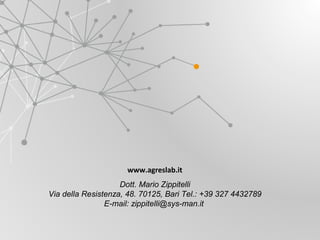 www.agreslab.it
Dott. Mario Zippitelli
Via della Resistenza, 48. 70125, Bari Tel.: +39 327 4432789
E-mail: zippitelli@sys-man.it

 