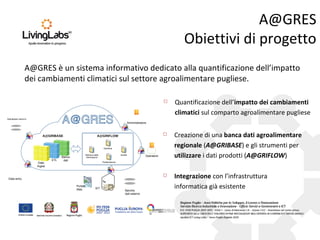 A@GRES
Obiettivi di progetto
A@GRES è un sistema informativo dedicato alla quantificazione dell’impatto
dei cambiamenti climatici sul settore agroalimentare pugliese.
 Integrazione con l’infrastruttura
informatica già esistente
 Quantificazione dell’impatto dei cambiamenti
climatici sul comparto agroalimentare pugliese
 Creazione di una banca dati agroalimentare
regionale (A@GRIBASE) e gli strumenti per
utilizzare i dati prodotti (A@GRIFLOW)
Amministratore
Operatore
Portale
Web SIT
Database esterni
Data entry
A@GRIBASE
Data
Ingest
ETL
Banca
dati
Gestione
AnalisiRetrieve delle
informazioni
Pubblicazione
A@GRIFLOW
Banche
dati esterne
 