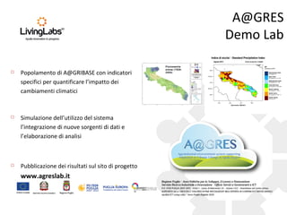 A@GRES
Demo Lab
 Pubblicazione dei risultati sul sito di progetto
www.agreslab.it
 Popolamento di A@GRIBASE con indicatori
specifici per quantificare l’impatto dei
cambiamenti climatici
 Simulazione dell’utilizzo del sistema
l’integrazione di nuove sorgenti di dati e
l’elaborazione di analisi
Pluviometria
annua (1926-
2004)
 
