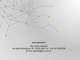 www.agreslab.it
Dott. Mario Zippitelli
Via della Resistenza, 48. 70125, Bari Tel.: +39 327 4432789
E-mail: zippitelli@sys-man.it
 