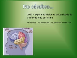 No cérebro…1997 – experiencia feita na universidade da Califórnia feita por Raine41 reclusos  -  41 cíveis livres  -> submetidos ao PET-scan