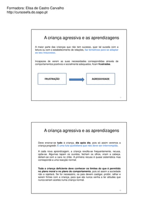 Formadora: Elisa de Castro Carvalho
http://cursosefa.do.sapo.pt




                         A criança agressiva e as aprendizagens

                 A maior parte das crianças que não tem sucesso, quer tal suceda com a
                 leitura ou com o estabelecimento de relações, faz tentativas para se adaptar
                 ao seu insucesso.


                 Incapazes de verem as suas necessidades correspondidas através de
                 comportamentos positivos e socialmente adequados, ficam frustradas.




                         FRUSTRAÇÃO                                  AGRESSIVIDADE




                                                                                                9




                         A criança agressiva e as aprendizagens

                   Deve ensinar-se tudo à criança, dia após dia, pois só assim veremos a
                   criança progredir. É uma luta quotidiana que não deve ser interrompida.

                   A cada nova aprendizagem, a criança revolta-se frequentemente, recusa,
                   opõe-se. Algumas tapam os ouvidos, fecham os olhos, viram a cabeça,
                   deitam-se com a cara no chão. A primeira recusa é quase sistemática mas
                   corresponde a uma reacção normal.


                   Toda a criança deficiente deve conhecer os limites do que é permitido
                   no plano moral e no plano do comportamento, pois só assim a sociedade
                   não a rejeitará. Se for necessário, os pais devem castigar, proibir, ralhar e
                   serem firmes com a criança, para que ela nunca venha a ter atitudes que
                   nunca seriam aceites numa criança normal.



                                                                                                10
 
