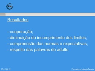 Resultados
- cooperação;
- diminuição do incumprimento dos limites;
- compreensão das normas e expectativas;
- respeito das palavras do adulto

05-12-2013

Formadora: Iolanda Pereira

 