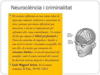 Neurociència i criminalitat
 Els escàners reflectien un nou retrat robot de
  tipus que cometien violacions o assassinats en
  sèrie, persones que tenien dificultats per
  emocionar o deixar-se impressionar pel
  sofriment aliè, sense remordiments. No tenien
  del fre que imposa el lòbul prefrontal a
  l'hora de controlar els impulsos i decidir si
  una acció és moral o èticament acceptable. En
  tots ells, els circuits que connecten els
  sistemes límbics -el cervell emocional del
  mamífer- amb el centre racional del control
  de decisions estaven danyats o desconnectats.
 Luis Miguel Ariza, En la mente
  criminal, El País, 29/01/2012
 