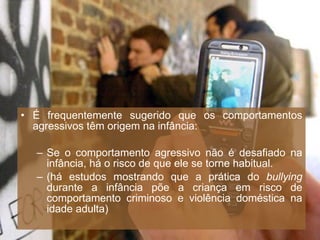 É frequentemente sugerido que os comportamentos agressivos têm origem na infância: Se o comportamento agressivo não é desafiado na infância, há o risco de que ele se torne habitual. (há estudos mostrando que a prática do  bullying  durante a infância põe a criança em risco de comportamento criminoso e violência doméstica na idade adulta) 