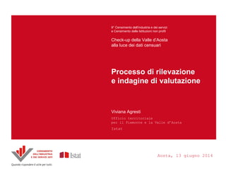 Principali innovazioni
e risultati del
Censimento
Censimento
dell’industria
e dei servizi 2011
ANDREA MANCINI
Direttore del Dipartimento
per i Censimenti e i
registri amministrativi e
statistici, Istat
Processo di rilevazione
e indagine di valutazione
9° Censimento dell’industria e dei servizi
e Censimento delle Istituzioni non profit
Check-up della Valle d’Aosta
alla luce dei dati censuari
Viviana Agresti
Ufficio territoriale
per il Piemonte e la Valle d’Aosta
Istat
Aosta, 13 giugno 2014
 