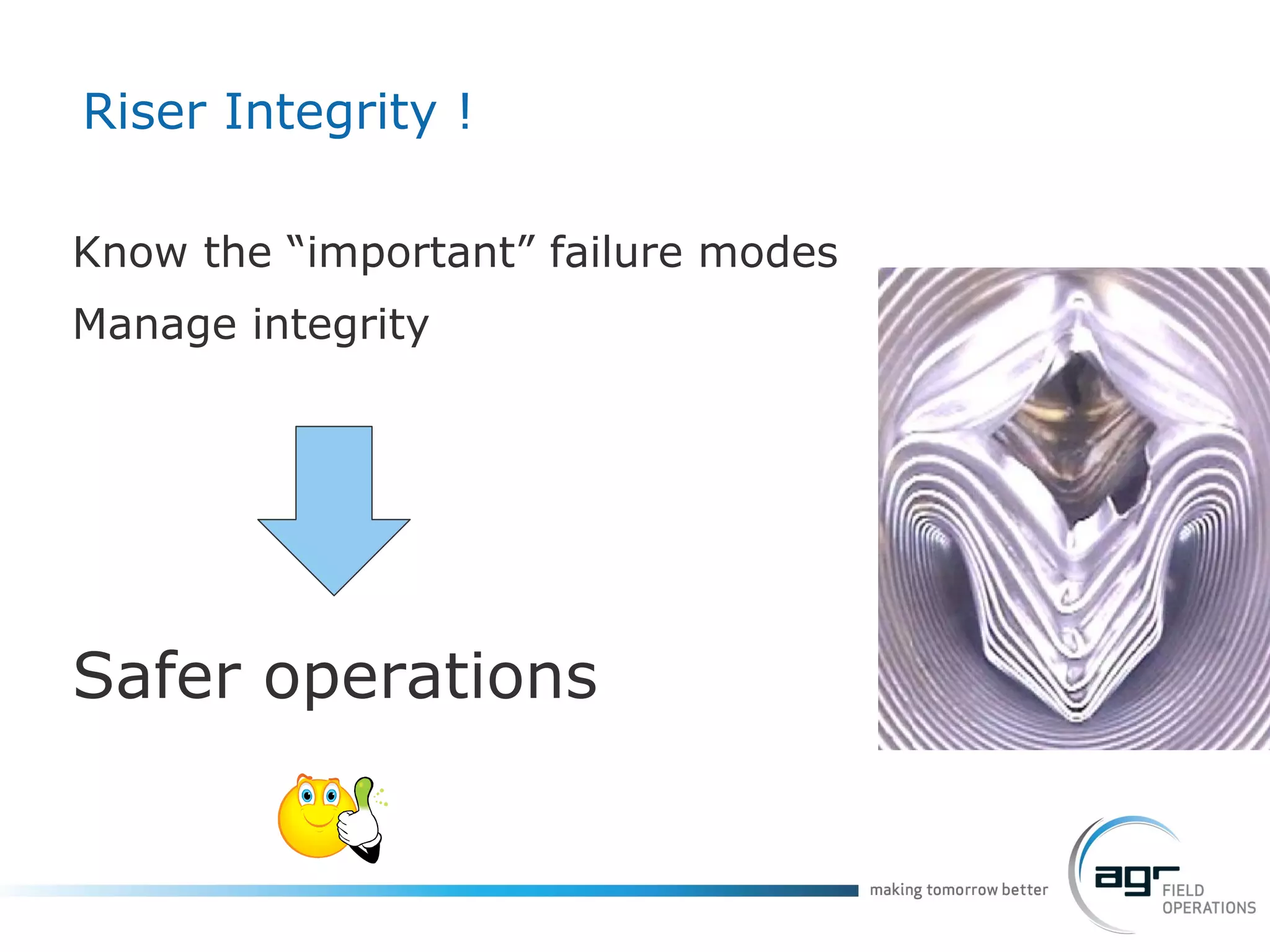 Riser Integrity ! Know the “important” failure modes Manage integrity Safer operations 