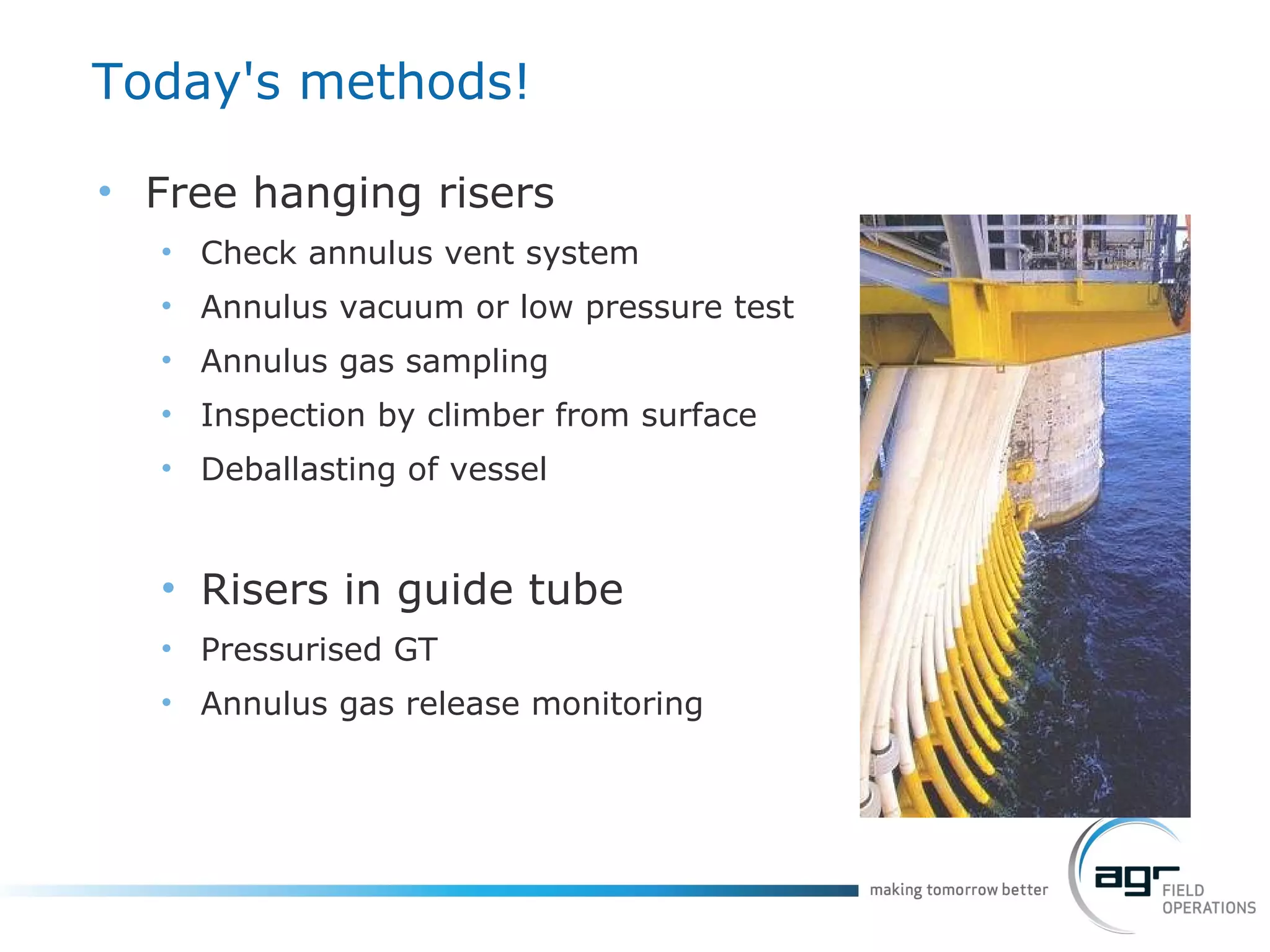 Today's methods! Free hanging risers Check annulus vent system Annulus vacuum or low pressure test Annulus gas sampling Inspection by climber from surface Deballasting of vessel Risers in guide tube Pressurised GT Annulus gas release monitoring 