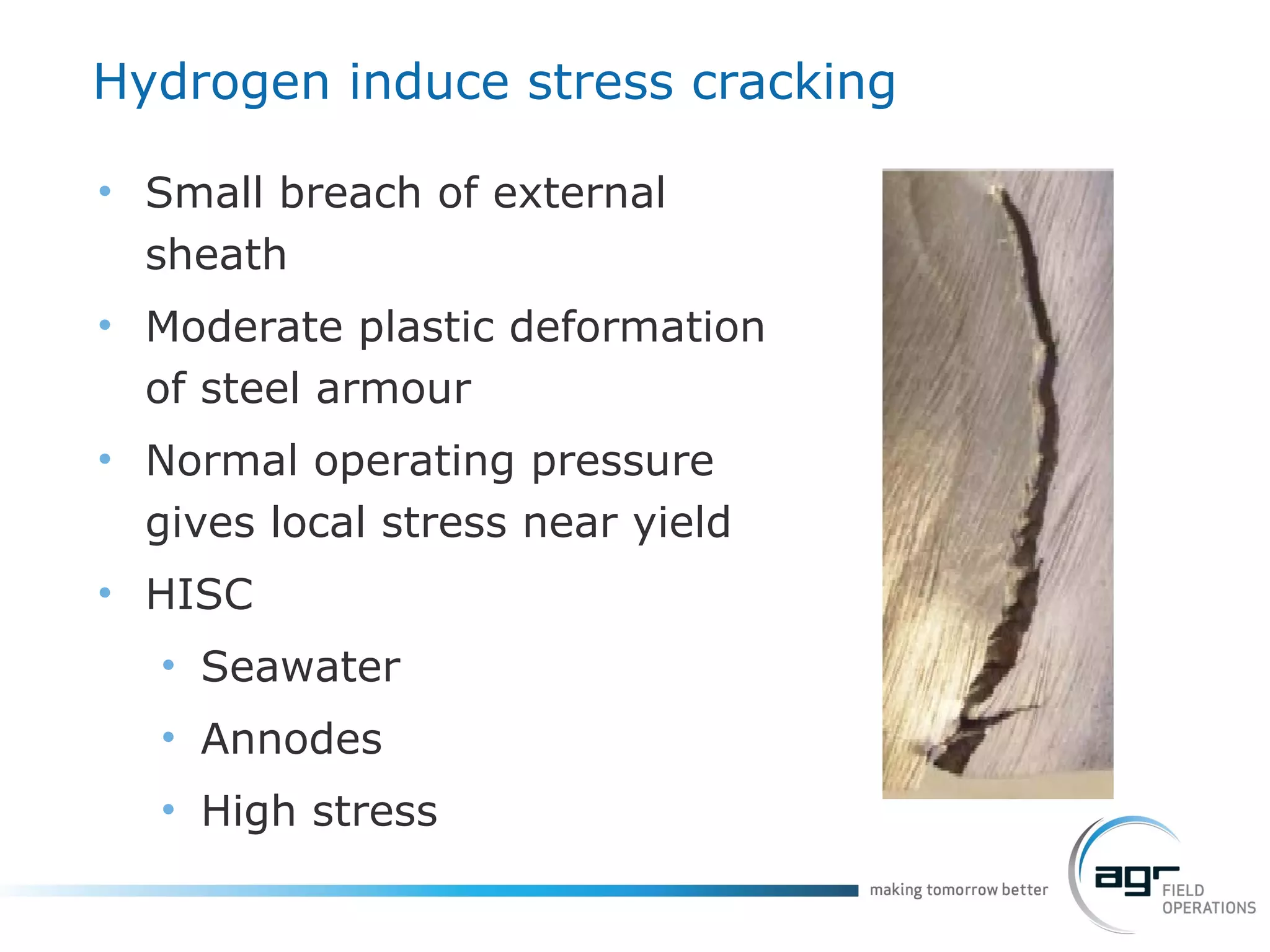 Hydrogen induce stress cracking Small breach of external sheath Moderate plastic deformation of steel armour Normal operating pressure gives local stress near yield HISC Seawater Annodes High stress 