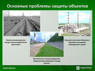 Основные проблемы защиты объектов
Тяжелоконтролируемые
въезды железнодорожного
транспорта
Большое скопление объемных
строений, мешающих
наблюдению с земли
Протяженные линии ограждения,
трудноконтроллируемые по ряду
причин
 
