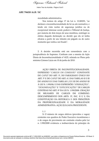 Relatório 
Supremo Tribunal Federal 
Inteiro Teor do Acórdão - Página 5 de 9 
ARE 796030 AGR / SC 
moralidade administrativa. 
Nos termos do artigo 17 da Lei n. 12.069/01, "ao 
declarar a inconstitucionalidade de lei ou ato normativo, e 
tendo em vista razões de segurança jurídica ou de 
excepcional interesse social, poderá o Tribunal de Justiça, 
por maioria de dois terços de seus membros, restringir os 
efeitos daquela declaração ou decidir que ela só tenha 
eficácia a partir de seu trânsito em julgado ou de outro 
momento que venha a ser fixado". 
2. A decisão recorrida está em consonância com a 
jurisprudência do Supremo. Confiram com a ementa da Ação 
Direta de Inconstitucionalidade nº 4125, relatada no Pleno pela 
ministra Cármen Lúcia em 10 de junho de 2010: 
AÇÃO DIRETA DE INCONSTITUCIONALIDADE. 
EXPRESSÃO “CARGOS EM COMISSÃO” CONSTANTE 
DO CAPUT DO ART. 5º, DO PARÁGRAFO ÚNICO DO 
ART. 5º E DO CAPUT DO ART. 6º; DAS TABELAS II E III 
DO ANEXO II E DAS TABELAS I, II E III DO ANEXO III 
À LEI N. 1.950/08; E DAS EXPRESSÕES “ATRIBUIÇÕES”, 
“DENOMINAÇÕES” E “ESPECIFICAÇÕES” DE CARGOS 
CONTIDAS NO ART. 8º DA LEI N. 1.950/2008. CRIAÇÃO 
DE MILHARES DE CARGOS EM COMISSÃO. 
DESCUMPRIMENTO DOS ARTS. 37, INC. II E V, DA 
CONSTITUIÇÃO DA REPÚBLICA E DOS PRINCÍPIOS 
DA PROPORCIONALIDADE E DA MORALIDADE 
ADMINISTRATIVA. AÇÃO JULGADA PROCEDENTE. 
(...) 
3. O número de cargos efetivos (providos e vagos) 
existentes nos quadros do Poder Executivo tocantinense e 
o de cargos de provimento em comissão criados pela Lei 
n. 1.950/2008 evidencia a inobservância do princípio da 
3 
Documento assinado digitalmente conforme MP n° 2.200-2/2001 de 24/08/2001, que institui a Infraestrutura de Chaves Públicas Brasileira - ICP-Brasil. O 
documento pode ser acessado no endereço eletrônico http://www.stf.jus.br/portal/autenticacao/ sob o número 6805301. 
 