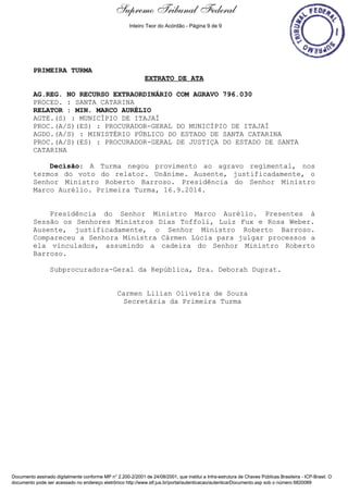 Extrato de Ata - 16/09/2014 
PRIMEIRA TURMA 
Supremo Tribunal Federal 
Inteiro Teor do Acórdão - Página 9 de 9 
EXTRATO DE ATA 
AG.REG. NO RECURSO EXTRAORDINÁRIO COM AGRAVO 796.030 
PROCED. : SANTA CATARINA 
RELATOR : MIN. MARCO AURÉLIO 
AGTE.(S) : MUNICÍPIO DE ITAJAÍ 
PROC.(A/S)(ES) : PROCURADOR-GERAL DO MUNICÍPIO DE ITAJAÍ 
AGDO.(A/S) : MINISTÉRIO PÚBLICO DO ESTADO DE SANTA CATARINA 
PROC.(A/S)(ES) : PROCURADOR-GERAL DE JUSTIÇA DO ESTADO DE SANTA 
CATARINA 
Decisão: A Turma negou provimento ao agravo regimental, nos 
termos do voto do relator. Unânime. Ausente, justificadamente, o 
Senhor Ministro Roberto Barroso. Presidência do Senhor Ministro 
Marco Aurélio. Primeira Turma, 16.9.2014. 
Presidência do Senhor Ministro Marco Aurélio. Presentes à 
Sessão os Senhores Ministros Dias Toffoli, Luiz Fux e Rosa Weber. 
Ausente, justificadamente, o Senhor Ministro Roberto Barroso. 
Compareceu a Senhora Ministra Cármen Lúcia para julgar processos a 
ela vinculados, assumindo a cadeira do Senhor Ministro Roberto 
Barroso. 
Subprocuradora-Geral da República, Dra. Deborah Duprat. 
Carmen Lilian Oliveira de Souza 
Secretária da Primeira Turma 
Documento assinado digitalmente conforme MP n° 2.200-2/2001 de 24/08/2001, que institui a Infra-estrutura de Chaves Públicas Brasileira - ICP-Brasil. O 
documento pode ser acessado no endereço eletrônico http://www.stf.jus.br/portal/autenticacao/autenticarDocumento.asp sob o número 6820089 
