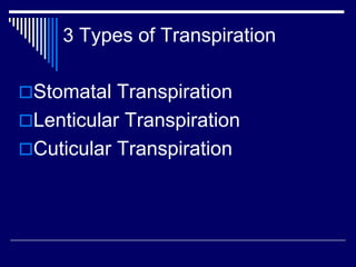 3 Types of Transpiration
Stomatal Transpiration
Lenticular Transpiration
Cuticular Transpiration
 