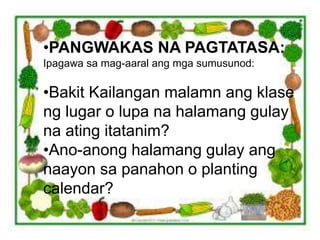 •PANGWAKAS NA PAGTATASA:
Ipagawa sa mag-aaral ang mga sumusunod:
•Bakit Kailangan malamn ang klase
ng lugar o lupa na halamang gulay
na ating itatanim?
•Ano-anong halamang gulay ang
naayon sa panahon o planting
calendar?
 