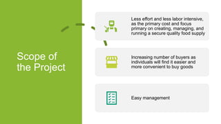 Scope of
the Project
Less effort and less labor intensive,
as the primary cost and focus
primary on creating, managing, and
running a secure quality food supply
Increasing number of buyers as
individuals will find it easier and
more convenient to buy goods
Easy management
 
