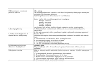 D. Discussing new concepts and
practicing new skills
TGA Activity
The groups shall participate in the Tell-Guide-Act Activity focusing on the proper choosing and
utilization of farm tools and equipment.
Tell- Group Discussion on Given Manual on Tool Utilization
Guide- Teacher shall present the assigned tasks to each group
Group 1- hand tools
Group 2- hand tools
Group 3- equipment
Group 4- equipment
Act- Learners shall perform simulation through role playing or other group dynamics.
E. Developing Mastery 1. What are the basic considerations in utilizing tools in accordance with manufacturer’s
specification?
2. Why is it very crucial to follow manufacturer’s guide in utilizing farm tools and equipment?
F. Finding practical application of
concepts & skills in daily living
React on them!
Situations shall be given to the class regarding tools and equipment. The learners shall react on
them.
a. Joel intentionally used the pruning shears in cutting tin sheets.
b. Aron used abrasive paper on his shovel and spade
c. Noel applied oil on the thresher’s metal joints.
d. Lina used wheelbarrow in transferring big stumps and logs.
G. Making generalizations and
abstractions about the lesson
Journal Writing:
Why do we have to follow the manufacturer’s guide and instruction in utilizing tools and
equipment?
H. Evaluating Learning Read the statement carefully and decide whether its proper or improper. Write P if its proper and I if
its not.
1. Oil and grease can be used to maintain tools in good condition
2. Proper handling of tools must be observe all the times.
3. We may use axe or even knife in digging holes on the garden plot.
4. Following manual specifications means following safety procdures.
5. All tools could be multi-functional farm materials.
 