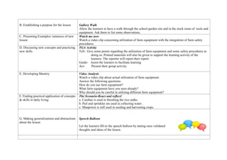 B. Establishing a purpose for the lesson Gallery Walk
Allow the learners to have a walk through the school garden site and in the stock room of tools and
equipment. Ask them to list some observations.
C. Presenting Examples/ instances of new
lesson
Watch me now
Watch a video clip concerning utilization of farm equipment with the integration of farm safety
procedures.
D. Discussing new concepts and practicing
new skills
TGA Activity
Tell- Give some points regarding the utilization of farm equipment and some safety procedures in
doing so. Printed materials will also be given to support the learning activity of the
learners. The reporter will report their report.
Guide- Assist the learners to facilitate learning
Act- Present their group activity.
E. Developing Mastery Video Analysis
Watch a video clip about actual utilization of farm equipment.
Answer the following questions:
How do you use farm equipment?
What farm equipment have you seen already?
Why should you be careful in utilizing different farm equipment?
F. Finding practical application of concepts
& skills in daily living
The Scenario-React and reflect!
a. Carabao is used in threshing the rice stalks.
b. Pail and sprinkler are used in collecting water .
c. Manpower is still used in seeding and harvesting crops.
G. Making generalizations and abstractions
about the lesson
Speech Balloon
Let the learners fill-in the speech balloon by stating ones validated
thoughts and ideas of the lesson.
 