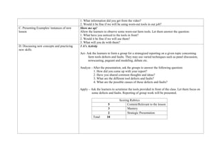 1. What information did you get from the video?
2. Would it be fine if we will be using worn-out tools in our job?
C. Presenting Examples/ instances of new
lesson
Show me up!
Allow the learners to observe some worn-out farm tools. Let them answer the question:
1. What have you noticed to the tools in front?
2. Would it be fine if we will use them?
3. What will you do with them?
D. Discussing new concepts and practicing
new skills
3 A’s Activity
Act- Ask the learners to form a group for a strategized reporting on a given topic concerning
farm tools defects and faults. They may use varied techniques such as panel discussion,
newscasting, pageant and modeling, debate etc.
Analyze - After the presentation, ask the groups to answer the following question:
1. How did you come up with your report?
2. Have you shared common thoughts and ideas?
3. What are the different tool defects and faults?
4. What are the possible causes of these defects and faults?
Apply – Ask the learners to scrutinize the tools provided in front of the class. Let them focus on
some defects and faults. Reporting of group work will be presented.
Scoring Rubrics
5 Content/Relevant to the lesson
3 Mastery
2 Strategic Presentation
Total 10
 