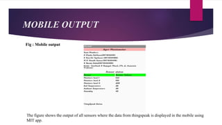 MOBILE OUTPUT
Fig : Mobile output
The figure shows the output of all sensors where the data from thingspeak is displayed in the mobile using
MIT app.
 