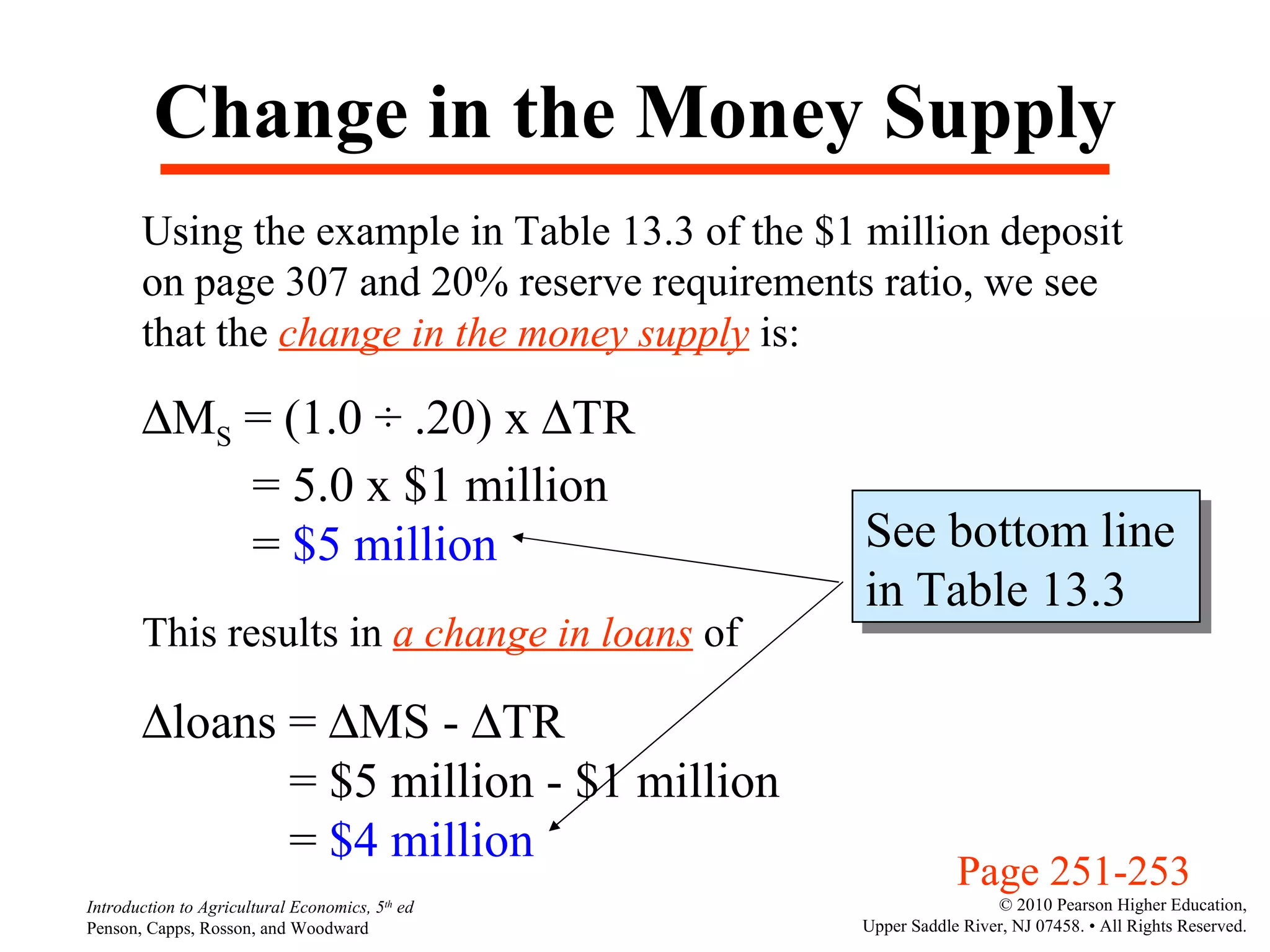 Change in the Money Supply Using the example in Table 13.3 of the $1 million deposit on page 307 and 20% reserve requirements ratio, we see that the  change in the money supply  is:  M S  =  (1.0  ÷ .20) x   TR  = 5.0 x $1 million  =  $5 million This results in  a change in loans  of  loans =   MS -   TR  =  $5 million - $1 million  =  $4 million See bottom line  in Table 13.3 Page 251-253  