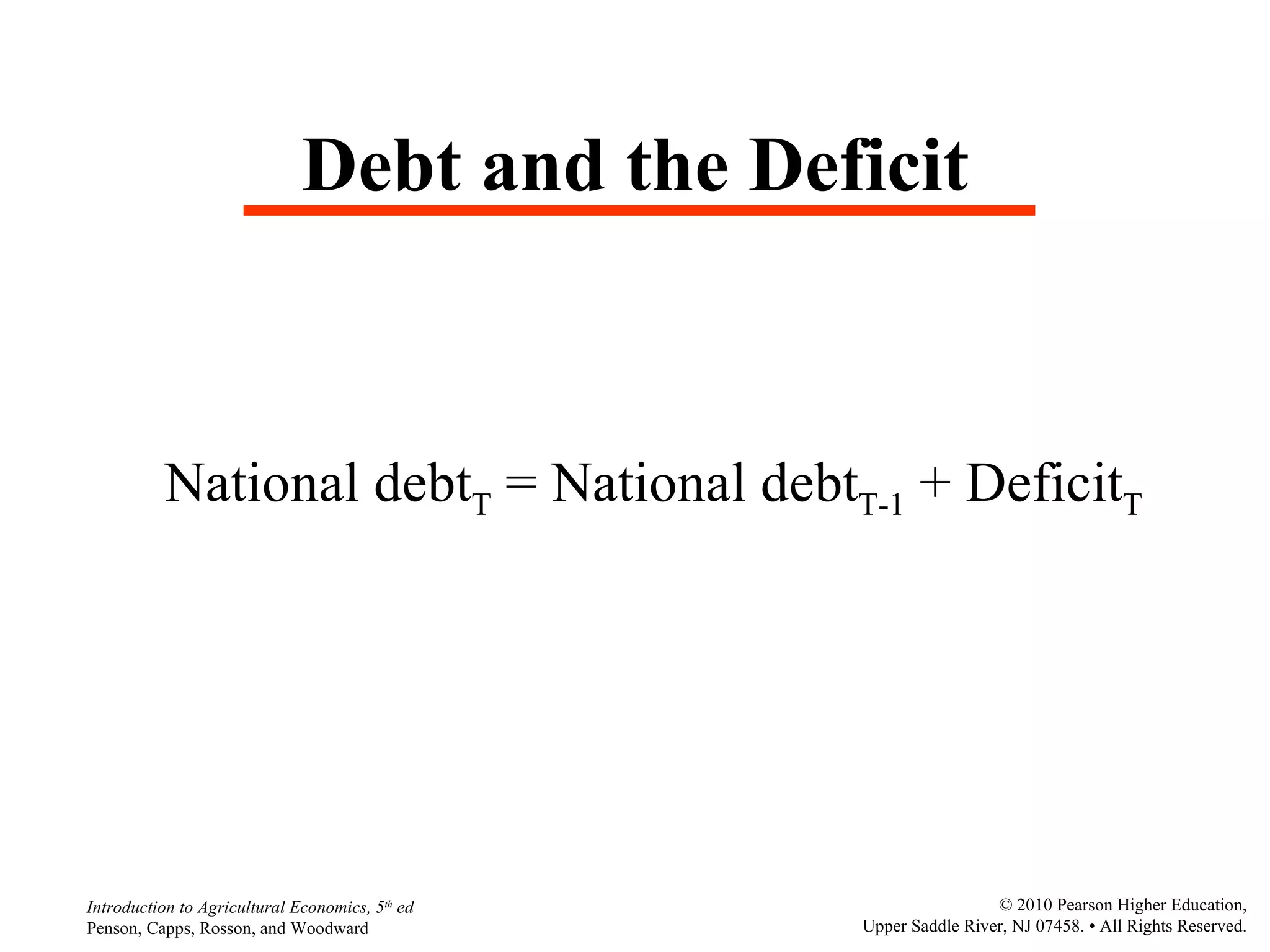 Debt and the Deficit National debt T  = National debt T-1  + Deficit T   