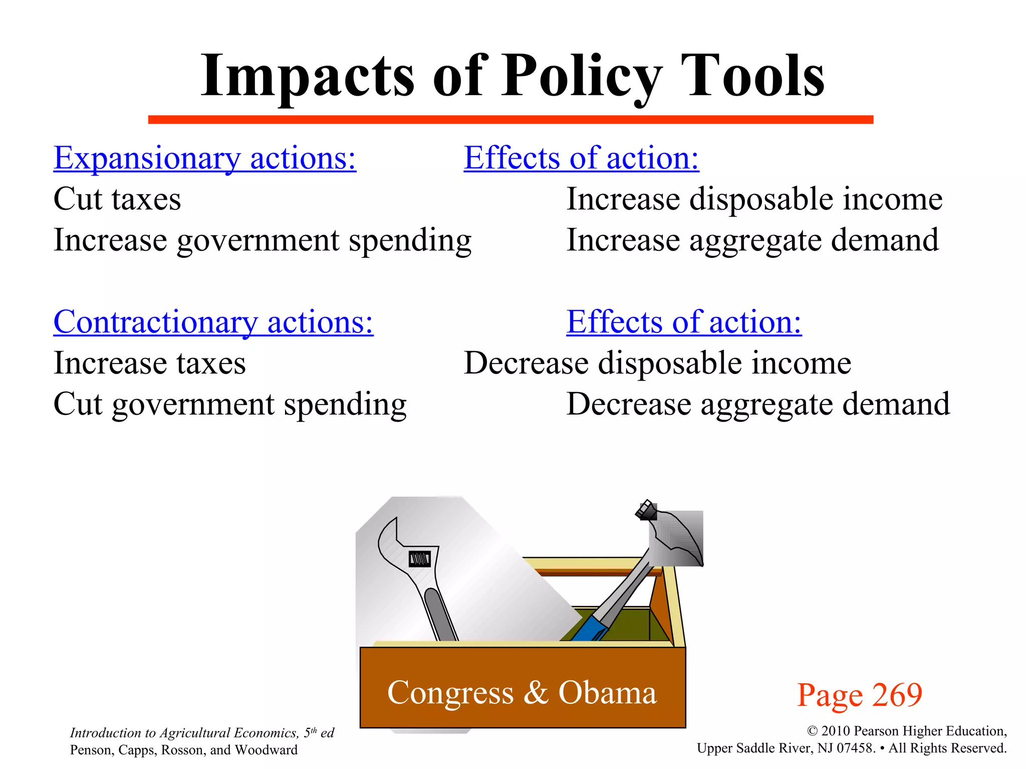 Impacts of Policy Tools Expansionary actions: Effects of action: Cut taxes   Increase disposable income Increase government spending Increase aggregate demand Contractionary actions: Effects of action: Increase taxes   Decrease disposable income Cut government spending Decrease aggregate demand Congress & Obama Page 269 