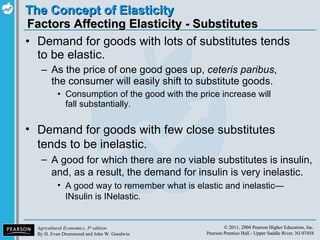 Factors Affecting Elasticity - Substitutes Demand for goods with lots of substitutes tends to be elastic. As the price of one good goes up,  ceteris paribus , the consumer will easily shift to substitute goods. Consumption of the good with the price increase will fall substantially. Demand for goods with few close substitutes tends to be inelastic. A good for which there are no viable substitutes is insulin, and, as a result, the demand for insulin is very inelastic. A good way to remember what is elastic and inelastic— INsulin is INelastic. 