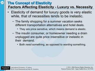 Factors Affecting Elasticity - Luxury vs. Necessity  Elasticity of demand for luxury goods is very elastic while, that of necessities tends to be inelastic. The family shopping for a summer vacation seeks different transportation alternatives and hotel deals. They are price sensitive, which means demand is elastic. The insulin consumer, or homeowner needing a drain unplugged are quite price insensitive or inelastic in their  demand. B oth  need  something, as opposed to  wanting  something . 