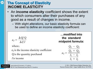 INCOME ELASTICITY An  income elasticity  coefficient shows the extent to which consumers alter their purchases of any good as a result of changes in income. With slight alterations, our basic elasticity formula can be used to define an income elasticity coefficient:  … modified into the  standard midpoint formula: 