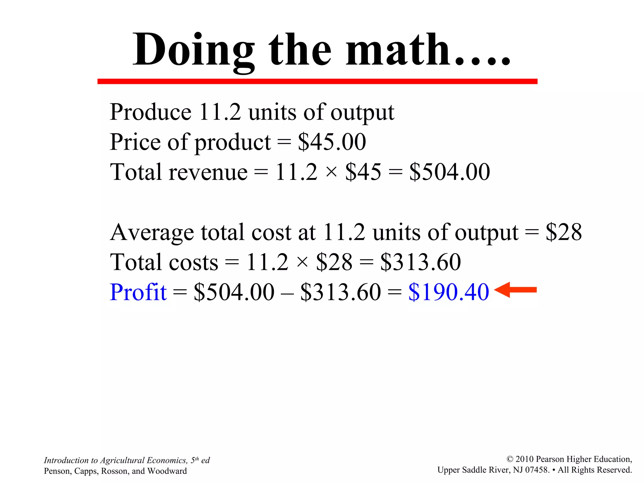 Doing the math…. Produce 11.2 units of output Price of product = $45.00 Total revenue = 11.2  ×  $45 = $504.00 Average total cost at 11.2 units of output = $28 Total costs = 11.2  ×  $28 = $313.60 Profit  = $504.00  –  $313.60 =  $190.40 