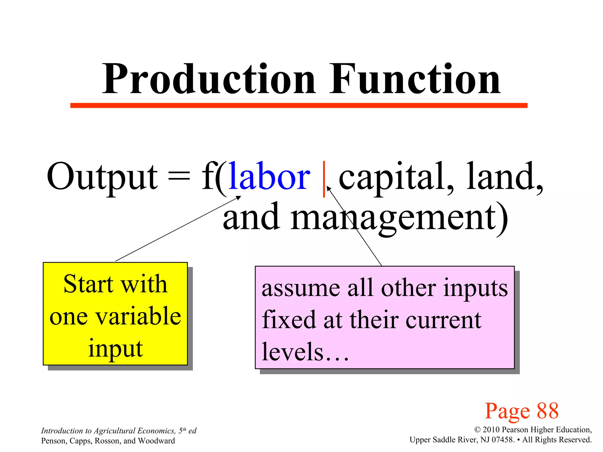 Production Function Output = f( labor   |   capital, land,  and management) Start with one variable input assume all other inputs fixed at their current levels… Page 88 