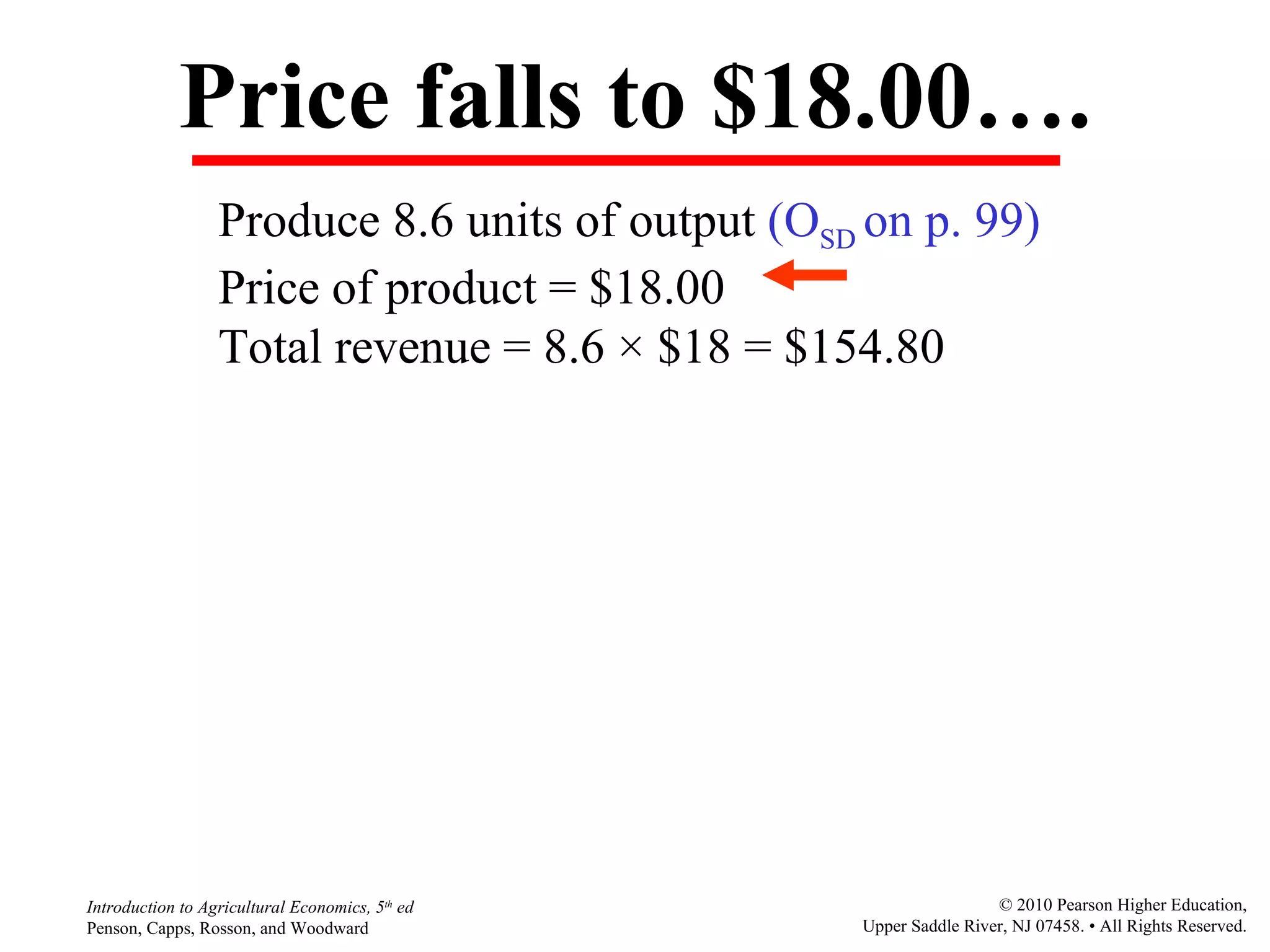 Price falls to $18.00…. Produce 8.6 units of output  (O SD  on p. 99) Price of product = $18.00 Total revenue = 8.6  ×  $18 = $154.80 