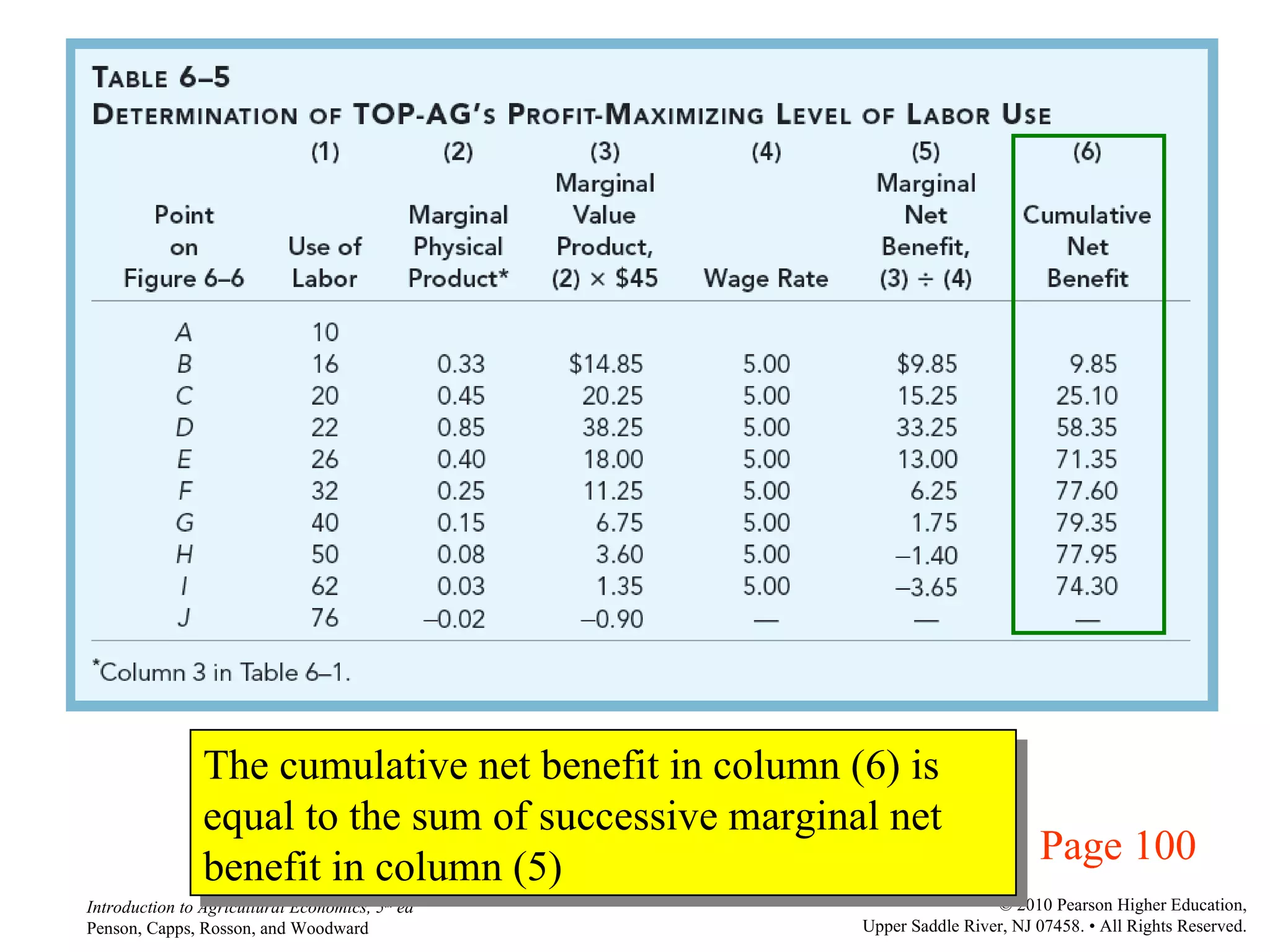 Page 100 The cumulative net benefit in column (6) is equal to the sum of successive marginal net benefit in column (5) 