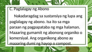 C. Paglalagay ng Abono
Nakadaragdag sa sustansiya ng lupa ang
paglalagay ng abono. Isa ito sa mga
paraan ng pagpapataba ng mga halaman.
Maaaring gumamit ng abonong organiko o
komersiyal. Ang organikong abono ay
maaaring dumi ng hayop o compost.
 