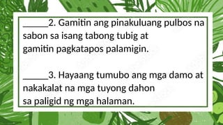 _____2. Gamitin ang pinakuluang pulbos na
sabon sa isang tabong tubig at
gamitin pagkatapos palamigin.
_____3. Hayaang tumubo ang mga damo at
nakakalat na mga tuyong dahon
sa paligid ng mga halaman.
 