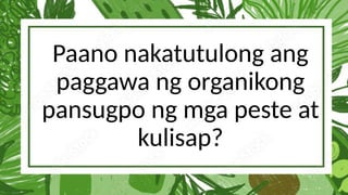 Paano nakatutulong ang
paggawa ng organikong
pansugpo ng mga peste at
kulisap?
 