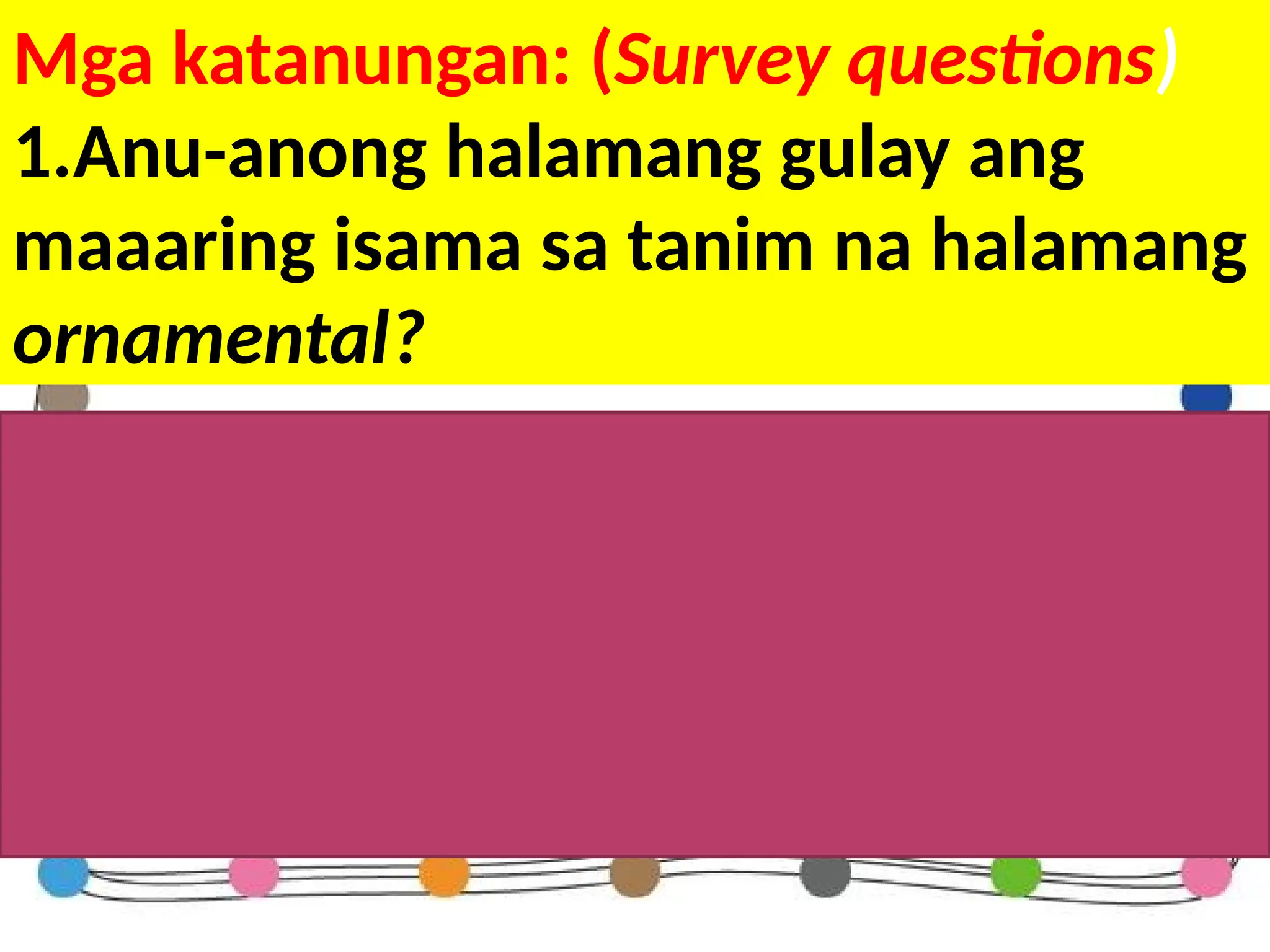 Mga katanungan: (Survey questions)
1.Anu-anong halamang gulay ang
maaaring isama sa tanim na halamang
ornamental?
Sagot:
-mas mainam ipagsama ang mga
halamang may iba’t ibang taas o
laki
 