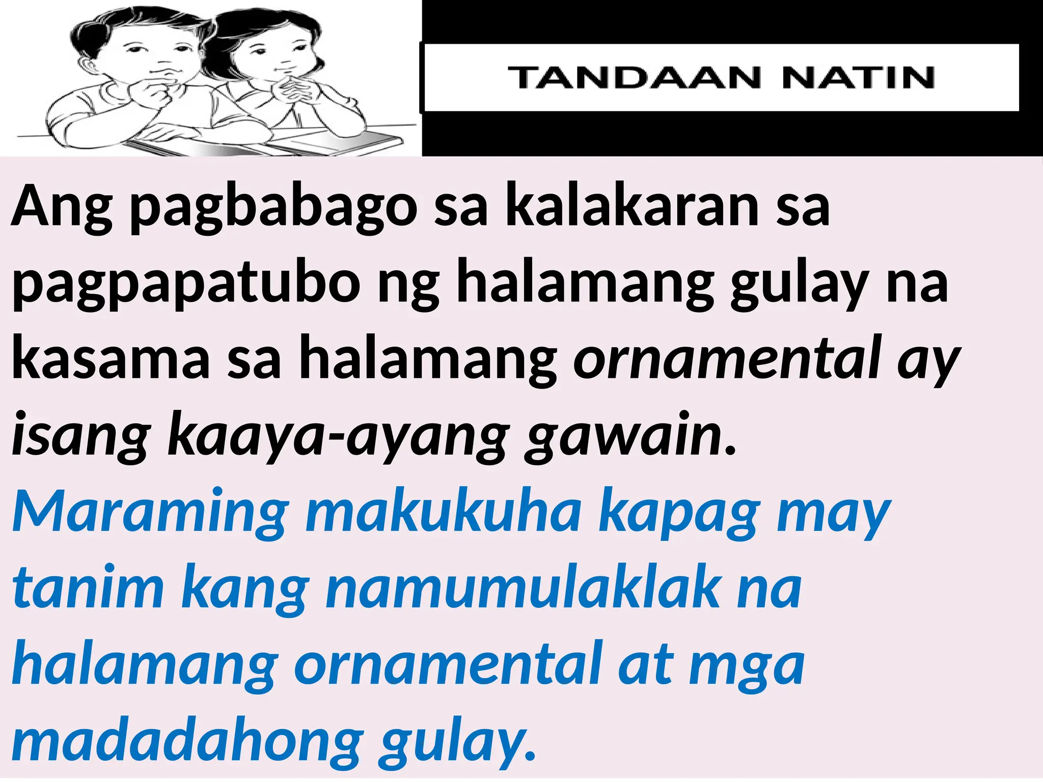 Ang pagbabago sa kalakaran sa
pagpapatubo ng halamang gulay na
kasama sa halamang ornamental ay
isang kaaya-ayang gawain.
Maraming makukuha kapag may
tanim kang namumulaklak na
halamang ornamental at mga
madadahong gulay.
 