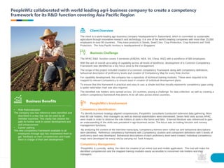 PeopleWiz collaborated with world leading agri-business company to create a competency
framework for its R&D function covering Asia Pacific Region
The APAC R&D function covers 5 territories (ASEAN, NEA, SA, China, ANZ) with a workforce of 500 employees.
With the aim of overall up-scaling of capability across all levels of workforce, development of a Common Competency
Framework was identified as a key focus area by the management.
The scope of the project included creation of a common competency Framework along with competency definitions,
behavioral description of proficiency levels and creation of Competency Map for every Role Anchor.
For capability development, the company has a repository of technical training modules. These were required to be
mapped to relevant competency to ensure ease in creation of individual development plans.
To ensure that this framework is practical and easy to use, a simple tool that visually represents competency gaps using
a spider web/radar chart was also required.
The identified role holders were spread across 14 countries, posing a challenge for data collection as well as creating a
uniform competency framework that deems fit for all roles across these countries.
Business Challenge
Competency Identification:
•To identify business strategy aligned competencies, PeopleWiz consultants conducted extensive data gathering. More
than 80 role holders, their managers as well as internal stakeholders were interviewed. Seven field visits across APAC
were made in order to observe the role holders at work in the farms and labs. External literature was referenced to gain
an understanding of the skills sets prevalent in agri-business sector. The focus was on trialing function and nursery
management functions.
•By analyzing the content of the interview transcripts, competency themes were culled out and behavioral descriptions
were identified. Reference competency framework with Competency clusters and component definitions with 5 levels of
proficiency each was developed. Behavioral descriptions of each proficiency level were created. Individual competency
maps were developed for every role by carrying out Task Analysis.
Competency Management:
•PeopleWiz is currently aiding the client for creation of an online tool and mobile application. This tool will make the
identified competencies and the mapped training modules easily accessible to concerned role holders and their
managers.
PeopleWiz’s Involvement
• Role Rationalization
The company now has reference roles identified and
described in a way that can be used by all
member countries. This clarity has cleared the
path for further work in career development and
skill enhancement
• Career pathing
The new competency framework available to all
employees through app has empowered them to
get feedback on their competencies and made
them in charge of their own development.
Business Benefits
The client is a world-leading agri-business company headquartered in Switzerland, which is committed to sustainable
agriculture through innovative research and technology. It is one of the world's leading companies with more than 25,000
employees in over 90 countries.. They have products in Seeds, Seed Care, Crop Protection, Crop Nutrients and Yield
Protection. The Asia Pacific territory is headquartered in Singapore.
Client Overview
 