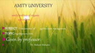 AMITY UNIVERSITY
amity institute of organic
agriculture.
SUBJECT: Fundamental of agribusiness management.
TOPIC: Agribusiness firm.
Given by professor:
 Dr. Mahesh Mahadeo
 