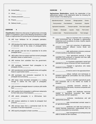 30. Animal feeds ________
31. Wines ________
32. Cheese production ________
33. Prawns ________
34. Delivery trucks ________
EXERCISE 4
Classification. Determine what sector of agribusiness commodity
system is considered in each of the following transactions of JNE
Foods, an agribusiness firm producing and processing pineapples.
36. JNE buys fertilizers for its pineapple plantation.
__________
37. JNE develops the irrigation system to maintain vegetation
of disturbed soils in dry areas of pineapple farms.
__________
38. JNE typically uses two tons of pesticides for its entire
pineapple farms. __________
39. JNE builds a farm-to-market road that connect pineapple
plantation areas to market towns. __________
40. JNE receives farm subsidies from the government.
__________
41. JNE packages harvested fresh pineapples to be
pineapple chunks.__________
42. JNE manufactures canned pineapple juices and supplies
these to supermarket chains. __________
43. JNE purchases new production equipment for its
pineapple food processing. __________
44. JNE keeps newly harvested pineapples in a cooling
storage to extend the time span of pineapples.
__________
45. JNE processes pineapple leaves to produce piña textile
fiber. __________
46. JNE supplies fresh pineapples to well-known restaurants
for their wide array of food desserts. __________
47. JNE plants pineapples in a 200-hectare land.
__________
48. JNE employs salesforce to market its pineapple food
products. __________
49. JNE borrows loans from a commercial bank for the
purchase of new farm equipment. __________
50. JNE exports pineapples to Asian countries. __________
EXERCISE 5
Agribusiness Stakeholders. Identify the stakeholder of the
agribusiness system in the statements below by choosing the
correct answer in the following box.
51. _____________ plays an important role in providing a
policy environment that is favorable to agribusiness
enterprises such as policies on prices, imports, exports
and general trading
52. _____________ buys and consumes of agribusiness
products produced different income levels and
purchasing power
53. _____________ sells agribusiness products produced
in home country to international markets.
54. _____________ buys agricultural products in large
quantities from producers or importers and then sells
smaller quantities to the end-user.
55. _____________ is a business organization owned and
operated by a group of farmers for their mutual benefit.
56. _____________ engaged in agriculture, who raises
livestock or produces crops.
57. _____________ is hired to work in the agricultural farm.
58. _____________ utilizes methods and techniques to
transform agricultural commodities into food products
for consumption.
59. _____________ moves or transfers agricultural goods
from production site to the market via modes of
transport.
60. _____________ provides economic services to
agribusiness firms like banks, insurance companies and
lending institutions.
61. _____________ supplies and distributes resources
needed in agricultural production like seeds,
agrichemicals and farm equipment.
62. _____________ produces, manufactures and sell
agribusiness products.
63. _____________ raise domesticated animals raised in
an agricultural setting.
64. _____________ distributes and sells food products to
market channels (restaurants, supermarkets, etc.) for
use and consumption by consumers.
65. _____________ uses management and entrepreneurial
skills to handle the farm business.
8
 