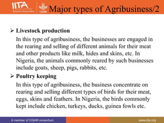 A member of CGIAR consortium www.iita.org
A member of CGIAR consortium www.iita.org
Major types of Agribusiness/2
 Livestock production
In this type of agribusiness, the businesses are engaged in
the rearing and selling of different animals for their meat
and other products like milk, hides and skins, etc. In
Nigeria, the animals commonly reared by such businesses
include goats, sheep, pigs, rabbits, etc.
 Poultry keeping
In this type of agribusiness, the business concentrate on
rearing and selling different types of birds for their meat,
eggs, skins and feathers. In Nigeria, the birds commonly
kept include chicken, turkeys, ducks, guinea fowls etc.
 